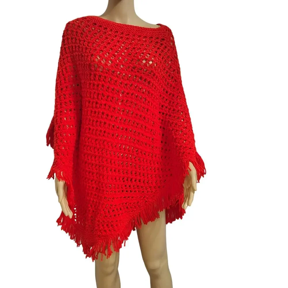 70s Crochet Poncho Red Fringe Boho Festivals Caplet Grannycore Cottagecore Knit